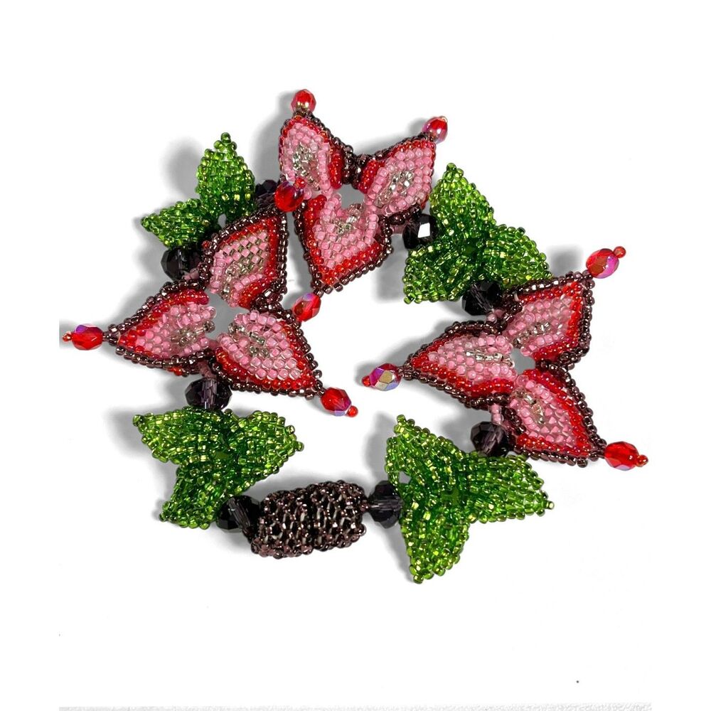Colorful Floral Glass Seed Bead Bracelet Pink Red Green Botanical Magnetic Clasp